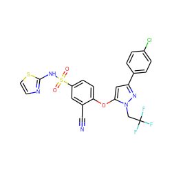 N#Cc1cc(S(=O)(=O)Nc2nccs2)ccc1Oc1cc(-c2ccc(Cl)cc2)nn1CC(F)(F)F ZINC000095585046