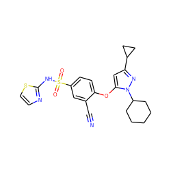 N#Cc1cc(S(=O)(=O)Nc2nccs2)ccc1Oc1cc(C2CC2)nn1C1CCCCC1 ZINC000095584026