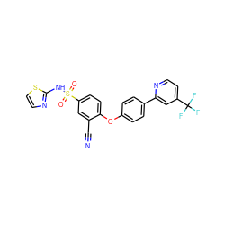 N#Cc1cc(S(=O)(=O)Nc2nccs2)ccc1Oc1ccc(-c2cc(C(F)(F)F)ccn2)cc1 ZINC000095581479