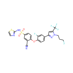 N#Cc1cc(S(=O)(=O)Nc2nccs2)ccc1Oc1ccc(-c2cc(C(F)(F)F)n(CCCF)n2)cc1F ZINC000095583725