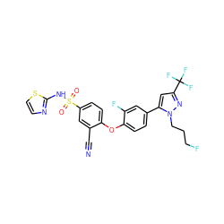 N#Cc1cc(S(=O)(=O)Nc2nccs2)ccc1Oc1ccc(-c2cc(C(F)(F)F)nn2CCCF)cc1F ZINC000095582571