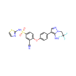 N#Cc1cc(S(=O)(=O)Nc2nccs2)ccc1Oc1ccc(-c2cnn(CC(F)(F)F)c2N)cc1 ZINC000095582745