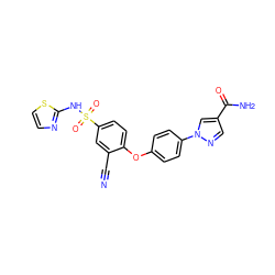 N#Cc1cc(S(=O)(=O)Nc2nccs2)ccc1Oc1ccc(-n2cc(C(N)=O)cn2)cc1 ZINC000095581917