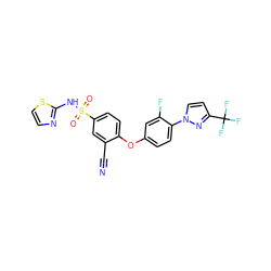 N#Cc1cc(S(=O)(=O)Nc2nccs2)ccc1Oc1ccc(-n2ccc(C(F)(F)F)n2)c(F)c1 ZINC000095581375