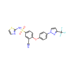 N#Cc1cc(S(=O)(=O)Nc2nccs2)ccc1Oc1ccc(-n2ccc(C(F)(F)F)n2)cc1 ZINC000095584475