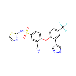 N#Cc1cc(S(=O)(=O)Nc2nccs2)ccc1Oc1ccc(C(F)(F)F)cc1-c1cn[nH]c1 ZINC000095582724