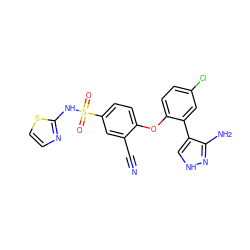 N#Cc1cc(S(=O)(=O)Nc2nccs2)ccc1Oc1ccc(Cl)cc1-c1c[nH]nc1N ZINC000095582942