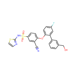 N#Cc1cc(S(=O)(=O)Nc2nccs2)ccc1Oc1ccc(F)cc1-c1cccc(CO)c1 ZINC000095585230