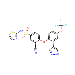 N#Cc1cc(S(=O)(=O)Nc2nccs2)ccc1Oc1ccc(OC(F)(F)F)cc1-c1cn[nH]c1 ZINC000095582650