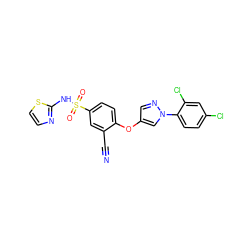 N#Cc1cc(S(=O)(=O)Nc2nccs2)ccc1Oc1cnn(-c2ccc(Cl)cc2Cl)c1 ZINC000095585563