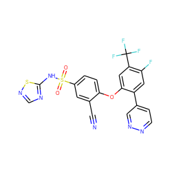 N#Cc1cc(S(=O)(=O)Nc2ncns2)ccc1Oc1cc(C(F)(F)F)c(F)cc1-c1ccnnc1 ZINC000095585843