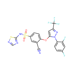 N#Cc1cc(S(=O)(=O)Nc2ncns2)ccc1Oc1cc(C(F)(F)F)nn1-c1ccc(F)cc1F ZINC000095584715
