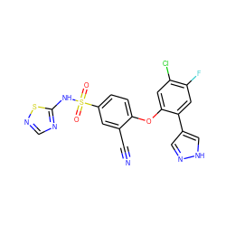 N#Cc1cc(S(=O)(=O)Nc2ncns2)ccc1Oc1cc(Cl)c(F)cc1-c1cn[nH]c1 ZINC000095584197