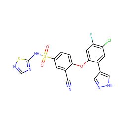 N#Cc1cc(S(=O)(=O)Nc2ncns2)ccc1Oc1cc(F)c(Cl)cc1-c1cn[nH]c1 ZINC000095581696