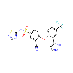N#Cc1cc(S(=O)(=O)Nc2ncns2)ccc1Oc1ccc(C(F)(F)F)cc1-c1ccn[nH]1 ZINC000095581991