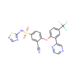 N#Cc1cc(S(=O)(=O)Nc2ncns2)ccc1Oc1ccc(C(F)(F)F)cc1-c1cnccn1 ZINC000095582431