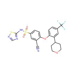 N#Cc1cc(S(=O)(=O)Nc2ncns2)ccc1Oc1ccc(C(F)(F)F)cc1C1CCOCC1 ZINC000095581323
