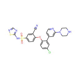 N#Cc1cc(S(=O)(=O)Nc2ncns2)ccc1Oc1ccc(Cl)cc1-c1ccnc(N2CCNCC2)c1 ZINC000095580943