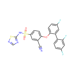 N#Cc1cc(S(=O)(=O)Nc2ncns2)ccc1Oc1ccc(F)cc1-c1ccc(F)cc1F ZINC000095582873