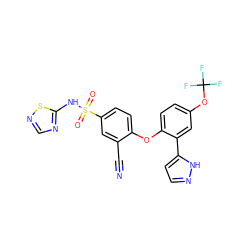 N#Cc1cc(S(=O)(=O)Nc2ncns2)ccc1Oc1ccc(OC(F)(F)F)cc1-c1ccn[nH]1 ZINC000095585288
