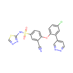 N#Cc1cc(S(=O)(=O)Nc2nncs2)ccc1Oc1ccc(Cl)cc1-c1ccnnc1 ZINC000095582713