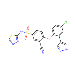 N#Cc1cc(S(=O)(=O)Nc2nncs2)ccc1Oc1ccc(Cl)cc1-c1cn[nH]c1 ZINC000095585444