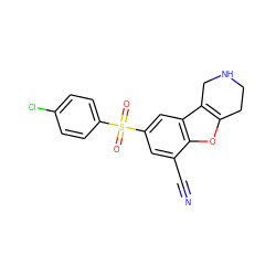 N#Cc1cc(S(=O)(=O)c2ccc(Cl)cc2)cc2c3c(oc12)CCNC3 ZINC000147600463