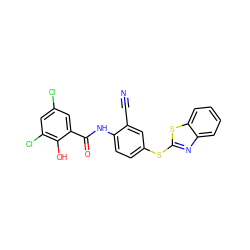 N#Cc1cc(Sc2nc3ccccc3s2)ccc1NC(=O)c1cc(Cl)cc(Cl)c1O ZINC000026568776