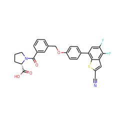 N#Cc1cc2c(F)c(F)cc(-c3ccc(OCc4cccc(C(=O)N5CCC[C@H]5C(=O)O)c4)cc3)c2s1 ZINC000205634363