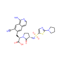 N#Cc1cc2c(N)nccc2cc1C[C@H](C(=O)O)N1CC[C@H](NS(=O)(=O)c2cnc(N3CCCC3)s2)C1=O ZINC000142594363