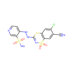 N#Cc1cc2c(cc1Cl)SC(NNc1ccncc1S(N)(=O)=O)=NS2(=O)=O ZINC000049803756