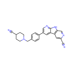 N#Cc1cc2c(cn1)[nH]c1ncc(-c3ccc(CN4CCC(C#N)CC4)cc3)cc12 ZINC000200097567