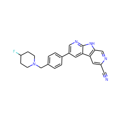 N#Cc1cc2c(cn1)[nH]c1ncc(-c3ccc(CN4CCC(F)CC4)cc3)cc12 ZINC000200095431