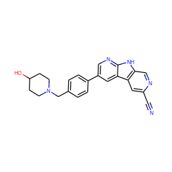 N#Cc1cc2c(cn1)[nH]c1ncc(-c3ccc(CN4CCC(O)CC4)cc3)cc12 ZINC000200108342