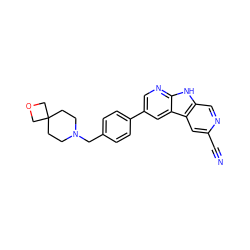 N#Cc1cc2c(cn1)[nH]c1ncc(-c3ccc(CN4CCC5(CC4)COC5)cc3)cc12 ZINC000068244212