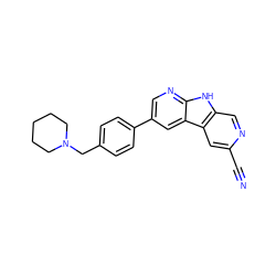 N#Cc1cc2c(cn1)[nH]c1ncc(-c3ccc(CN4CCCCC4)cc3)cc12 ZINC000068244206