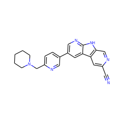 N#Cc1cc2c(cn1)[nH]c1ncc(-c3ccc(CN4CCCCC4)nc3)cc12 ZINC000200096653