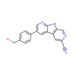 N#Cc1cc2c(cn1)[nH]c1ncc(-c3ccc(CO)cc3)cc12 ZINC000200109411