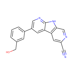 N#Cc1cc2c(cn1)[nH]c1ncc(-c3cccc(CO)c3)cc12 ZINC000200100171