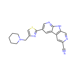 N#Cc1cc2c(cn1)[nH]c1ncc(-c3nc(CN4CCCCC4)cs3)cc12 ZINC000139452716