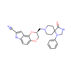 N#Cc1cc2c3c(ccc2[nH]1)OC[C@H](CN1CCC2(CC1)C(=O)NCN2c1ccccc1)O3 ZINC000013726415