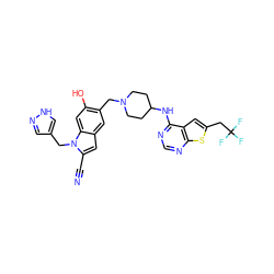 N#Cc1cc2cc(CN3CCC(Nc4ncnc5sc(CC(F)(F)F)cc45)CC3)c(O)cc2n1Cc1cn[nH]c1 ZINC000642815000