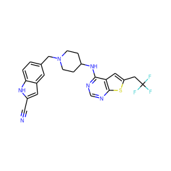 N#Cc1cc2cc(CN3CCC(Nc4ncnc5sc(CC(F)(F)F)cc45)CC3)ccc2[nH]1 ZINC000220641923