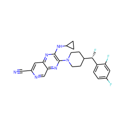 N#Cc1cc2nc(NC3CC3)c(N3CCC([C@H](F)c4ccc(F)cc4F)CC3)nc2cn1 ZINC000144305731