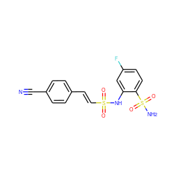 N#Cc1ccc(/C=C/S(=O)(=O)Nc2cc(F)ccc2S(N)(=O)=O)cc1 ZINC000143972615