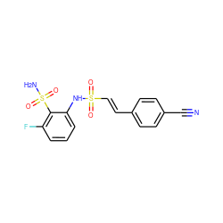 N#Cc1ccc(/C=C/S(=O)(=O)Nc2cccc(F)c2S(N)(=O)=O)cc1 ZINC000143973025