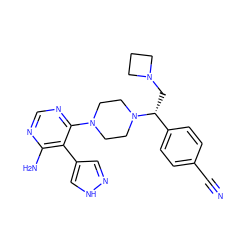 N#Cc1ccc([C@@H](CN2CCC2)N2CCN(c3ncnc(N)c3-c3cn[nH]c3)CC2)cc1 ZINC001772608673