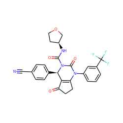 N#Cc1ccc([C@@H]2C3=C(CCC3=O)N(c3cccc(C(F)(F)F)c3)C(=O)N2C(=O)N[C@H]2CCOC2)cc1 ZINC001772616398