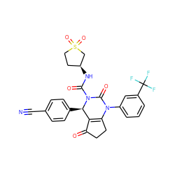 N#Cc1ccc([C@@H]2C3=C(CCC3=O)N(c3cccc(C(F)(F)F)c3)C(=O)N2C(=O)N[C@H]2CCS(=O)(=O)C2)cc1 ZINC001772599677