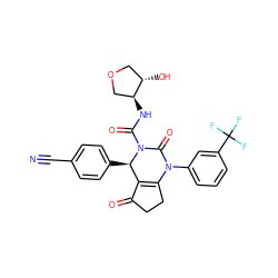 N#Cc1ccc([C@@H]2C3=C(CCC3=O)N(c3cccc(C(F)(F)F)c3)C(=O)N2C(=O)N[C@H]2COC[C@@H]2O)cc1 ZINC001772585374